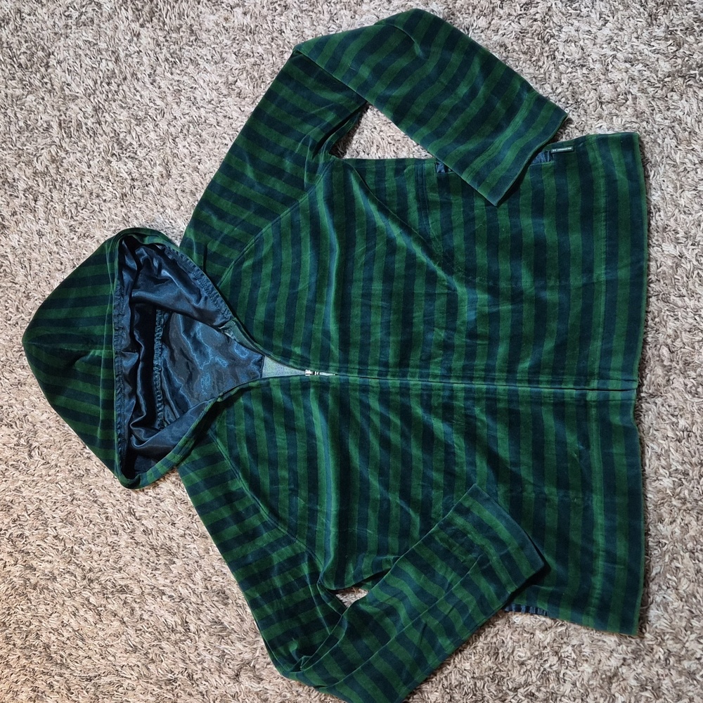 Liz Claiborne Vintage Green Velvet Stripe Hoodie Satin Hood M
